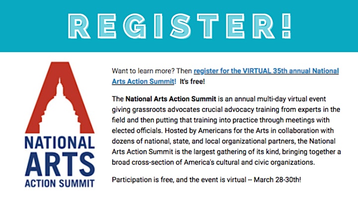
		National Arts Action Summit Debrief Session Thursday, March 31 · 6:00 – 7:0 image
