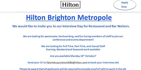 Interview Day - Restaurant and Bar - Hilton Brighton primary image
