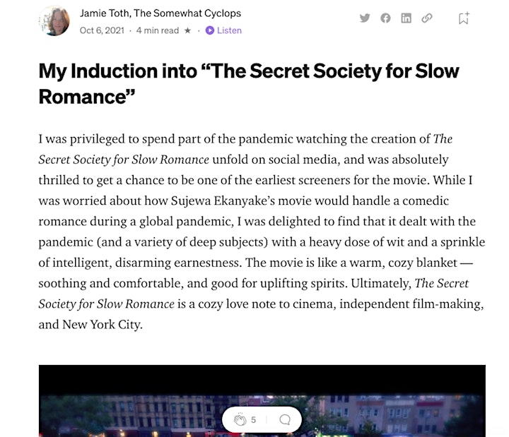 4/8, Stuart Cinema, The Secret Society For Slow Romance Brooklyn Premiere! image