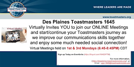 Des Plaines 1645 Toastmasters Meet ONLINE (Leadership & Communications)