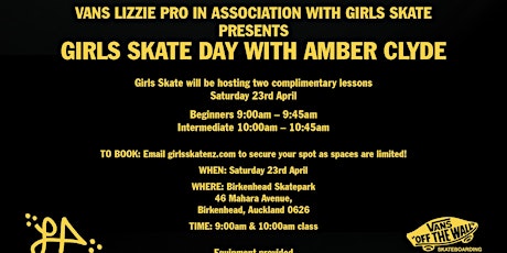 Vans x Girls Skate NZ - SKATE DAY! ( intermediate class 10-10.45am) primary image