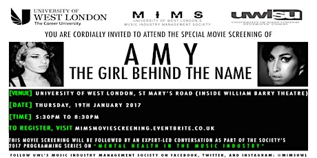 POSTPONED! Special Movie Screening of "Amy" for University of West London Students! primary image