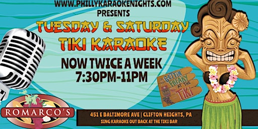 Imagem principal do evento Tuesday Karaoke @ Romarco's Tiki Bar (Clifton Heights  Delaware County, PA)