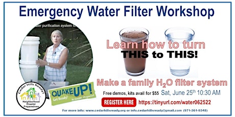 Cedar Hills Ready! Water Filtration Workshop (June 25, 10:30 AM- 1 PM) tickets