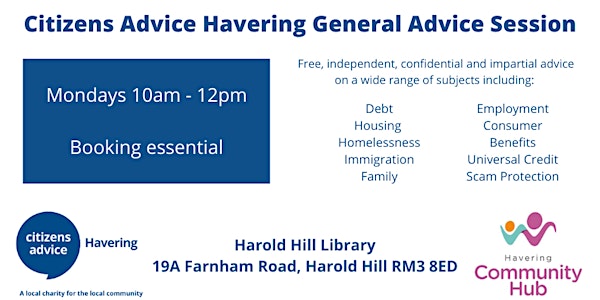 Citizens Advice Havering - General Advice Session - Harold Hill  Library