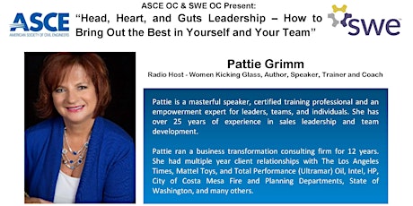 ASCE OC & OC SWE Presents: Pattie Grimm - Head, Heart, and Guts Leadership – How to Bring Out the Best in Yourself and Your Team primary image