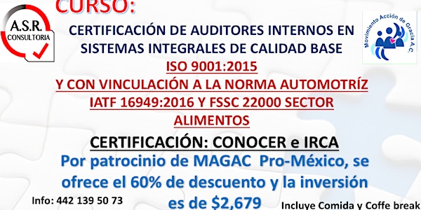 Curso-Certificación ISO:9001 2015 y con vinculación a la norma automotriz IATF 16949:2016 y FSSC 22000 Sector alimentos