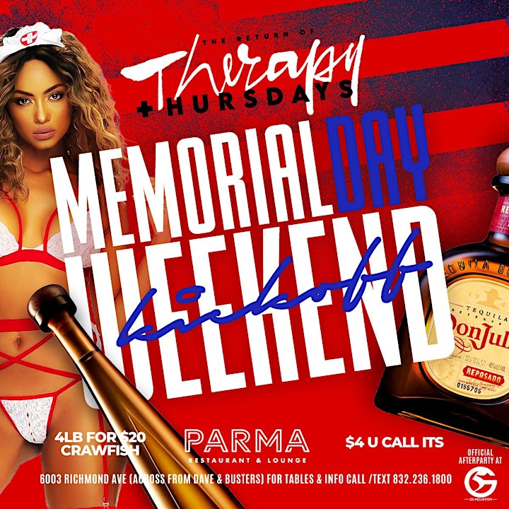 Memorial Weekend Kick Off at  #TherapyThursdays @PARMA | FREE ENTRY w/ RSVP image