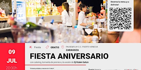 Fiesta Aniversario con catering, tormenta de premios y Dj Rubén Sahún entradas