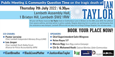 Public Meeting on the Death In Lambeth Police Custody of Ian Taylor tickets