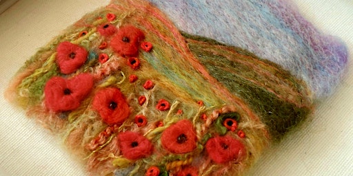 Felted Poppy Landscape - needle felted and embroidered picture