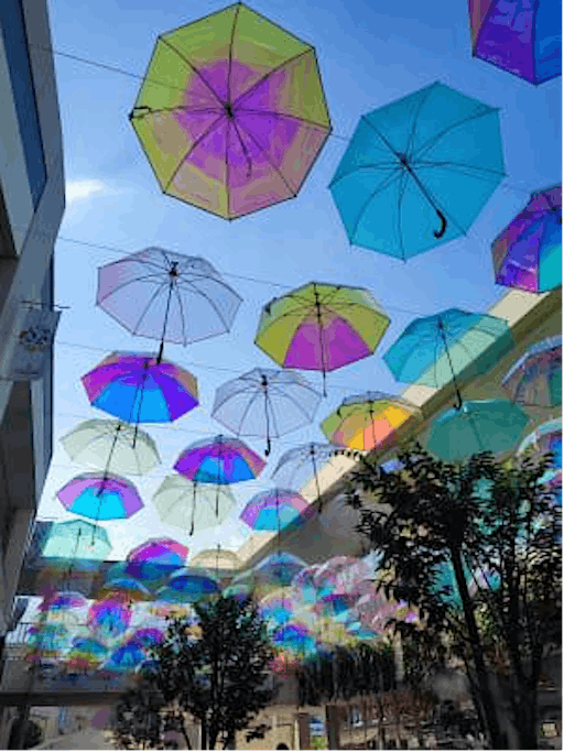 200 Iridescent Rainbow Umbrellas in a Japanese Shopping Plaza ☂️