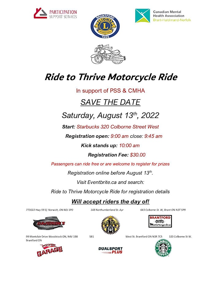 Ride to Thrive Motorcycle Ride in support of PSS Brantford and CMHA BHN image