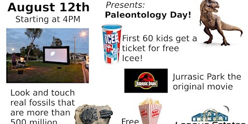 Paleontology Day with Jurassic Park, popcorn, Kona Ice and real fossils.