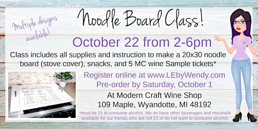Noodle Board / Stove Cover Class October 22, 2022 from 2-6pm