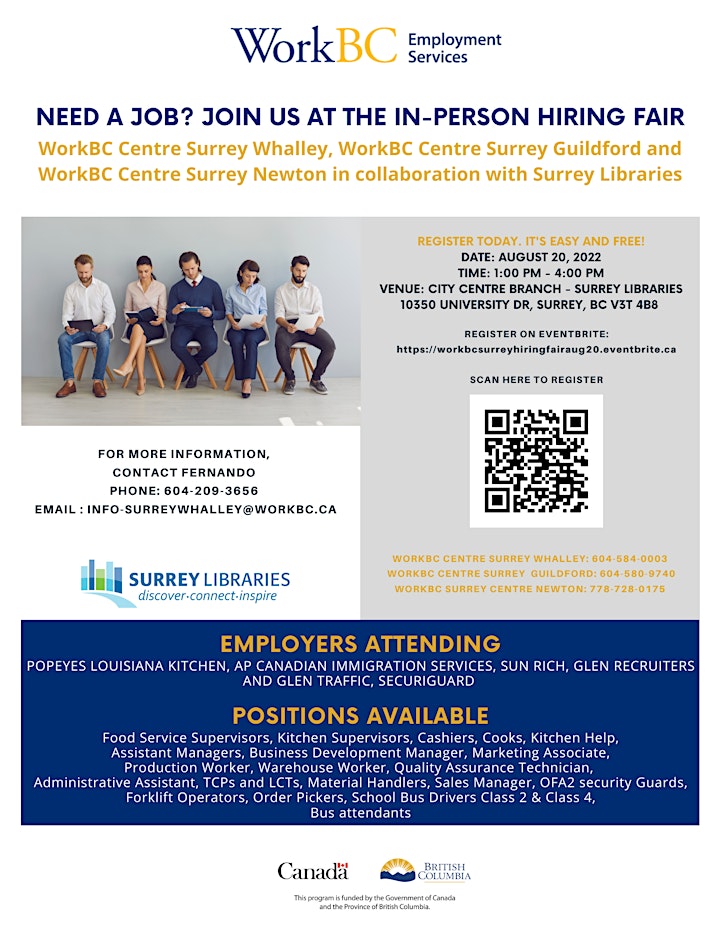 IN-PERSON HIRING FAIR BY WORKBC NORTH SURREY & NEWTON, Aug 20 at 1:00pm image