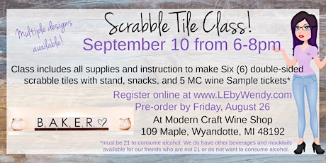 Scrabble Tile Craft Party- September 10, 2022 from 6-8pm