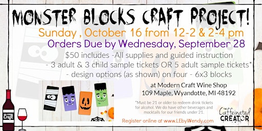 Monster Blocks Craft Party- October 16, 2022 from 12-2 & 2-4