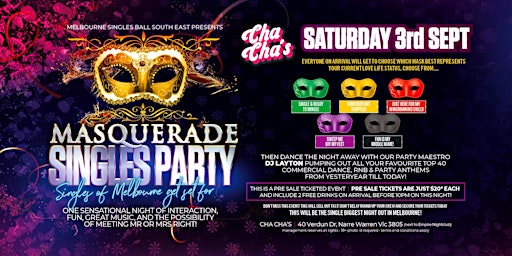 Masquerade Singles Party at Cha Cha's, Narre Warren!