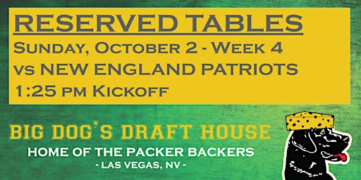 Draft House-Week 04 Packer Game Reserved Tables (PATRIOTS 1:25 pm Kickoff)
