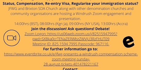 JFWG Presents a Windrush Compensation Scheme Zoom Meeting Sunday 28 August