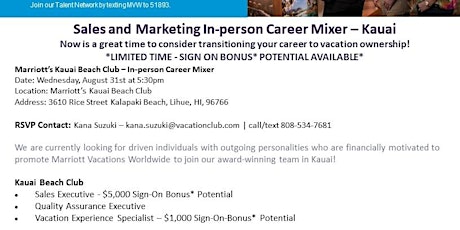 Sales and Marketing In-person Career Mixer – Kauai Beach Club