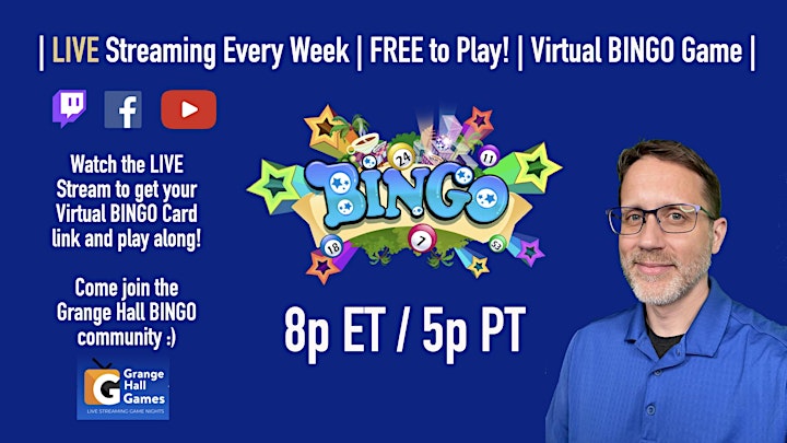 BINGO Game Night Party - Live Stream with Grange Hall Games | FREE to Play! image