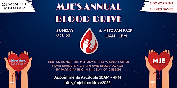 MJE Annual Blood Drive & Mitzvah Fair 2022- Your Day of Giving Back!