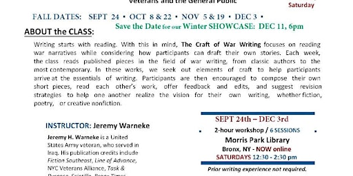 The CRAFT of WAR WRITING - Online - Free Writing Workshop for Veterans and