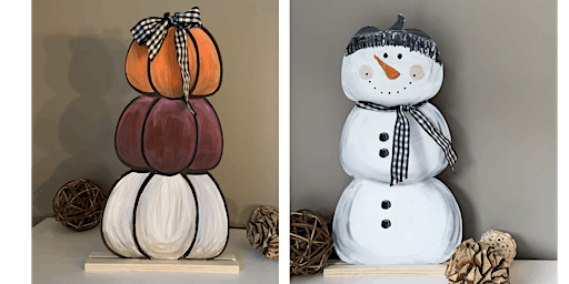 2 sided Wooden Pumpkin Snowman Paint & Sip Art Class Doylestown