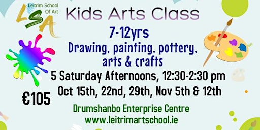 Kids Art Class 7-12 yrs, Sat 12:30-2:30pm. Oct 15, 22, 29, Nov 5 & 12