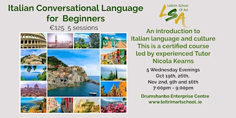 Italian for Beginners, 5 Wed Eves 7pm-9pm, Oct 19, 26,  Nov 2, 9th and 16