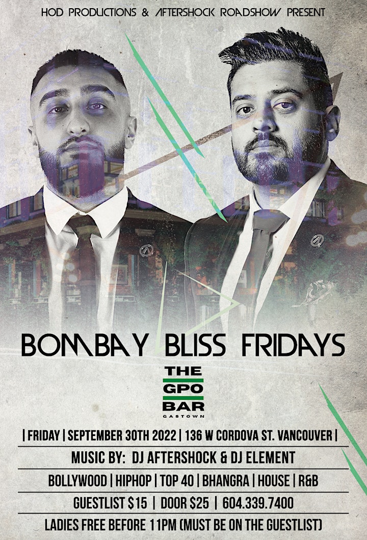 Bombay Bliss Fridays at THE GPO BAR GASTOWN image