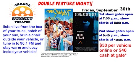 Double Feature Night - Friday, September 30th -Grande Sunset Theatre primary image