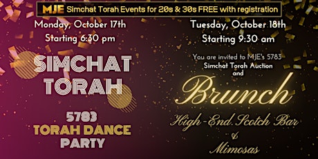 MJE Simchat Torah for 20s & 30s 2022: FREE Night Party, Day Boozy Brunch