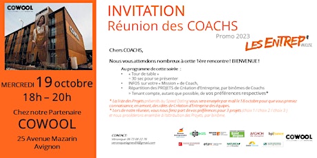 INVITATION Réunion COACHS Mercredi 19 octobre  18h chez COWOOL (Avignon)
