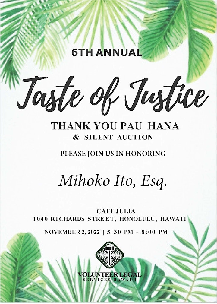 6th Annual Taste of Justice Thank you Pau Hana & Silent Auction - VLSH image