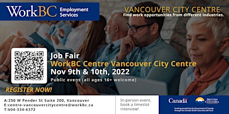 Job Fair | WorkBC Vancouver City Centre - Nov  9th & 10th,  2022 primary image