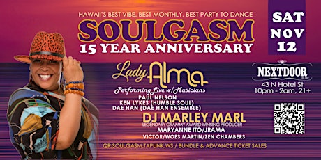 Soulgasm 15 Year Anniversary @ Nextdoor- Lady Alma live, DJ Marley Marl