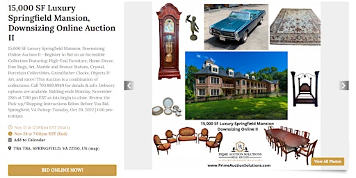 15,000 SF Luxury Springfield Mansion, Downsizing Online Auction II