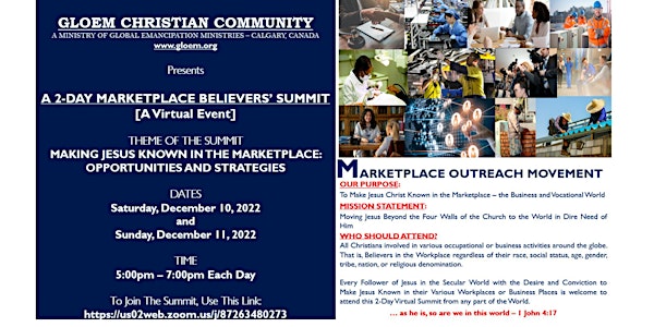 A 2-DAY MARKETPLACE BELIEVERS’ SUMMIT - FOR BELIEVERS IN SECULAR WORKPLACES