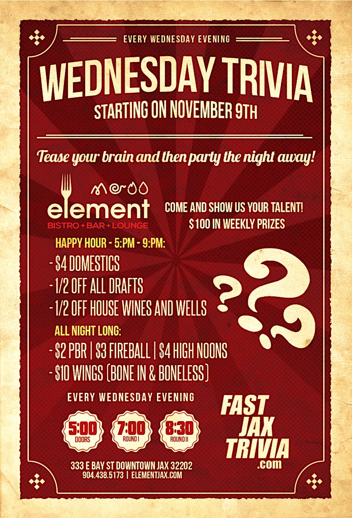 Trivia Night @ Element Bistro | Wednesday Evenings image