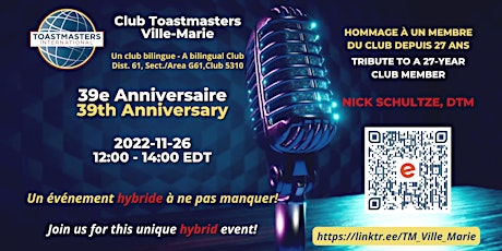 Club Toastmasters Ville-Marie: 39e anniversaire / 39th  Anniversary primary image