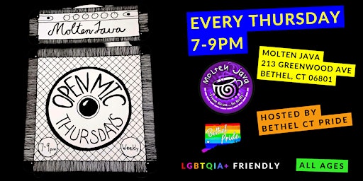 Primaire afbeelding van Open Mic Night - Hosted by Bethel CT Pride & Molten Java