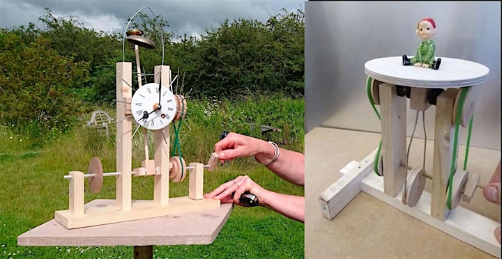 Left image shows mechanical kit with clockfsce and bell. Right image shows small wooden machine with 2 pulleys. A disk on top would rock back and forth and spin when the handle is turned. A small toy character sits on top.