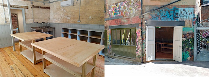Rose Cottage. Left image shows interior with wooden workbenches and shelving and a sink. Right image shows exterior with doors open, the walls are covered in bright graffiti.