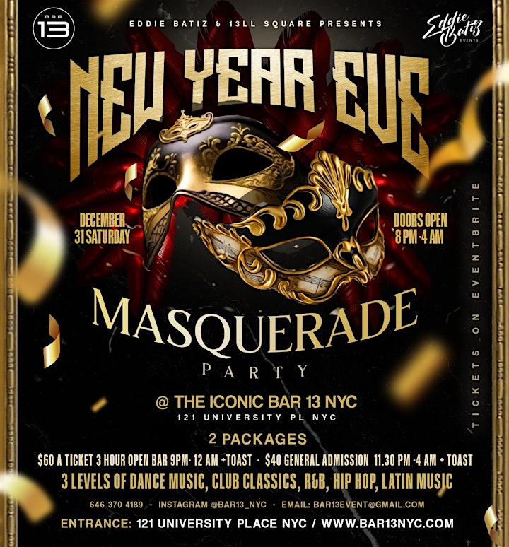 New Years Eve Masquerade Party in NYC @Bar 13 Saturday Dec. 31st image