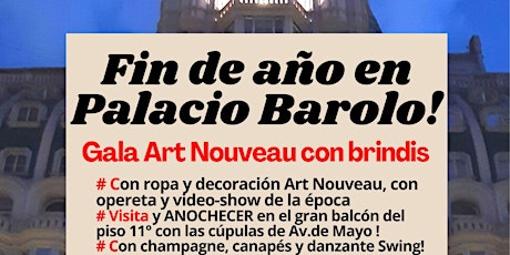 P. BAROLO Fin de Año anochecer piso 11 con champagne, canapés y Art Nouveau