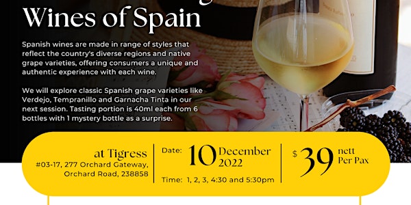 Wine tasting,  The Fascinating Wines of Spain, 7 bottles, for $39