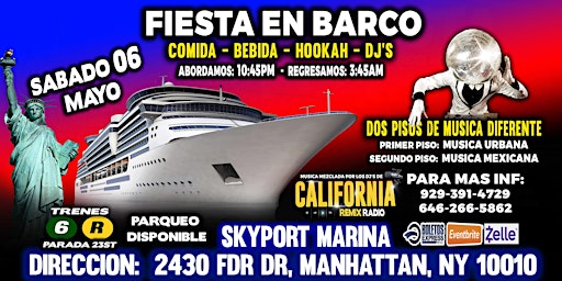 Fiesta En Barco + Musica Urbana + Musica Mexicana + 8  Dj's + Manhattan Ny